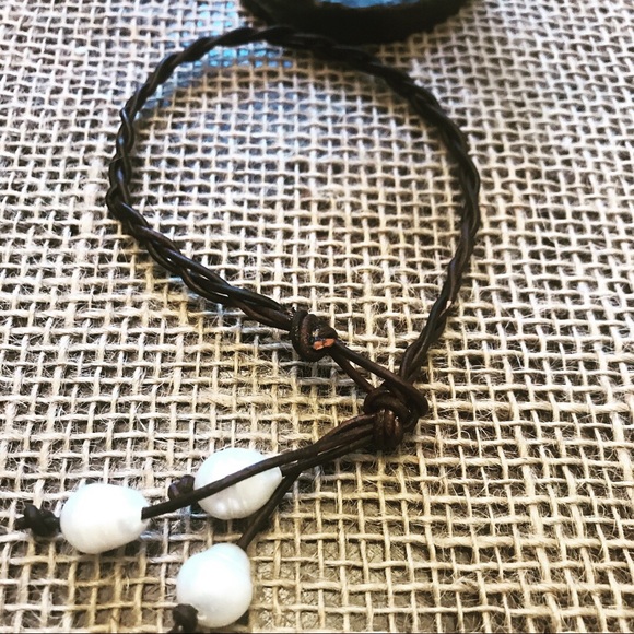 NEW Genuine Pearl Braided Leather Boho Anklet - Picture 2 of 7